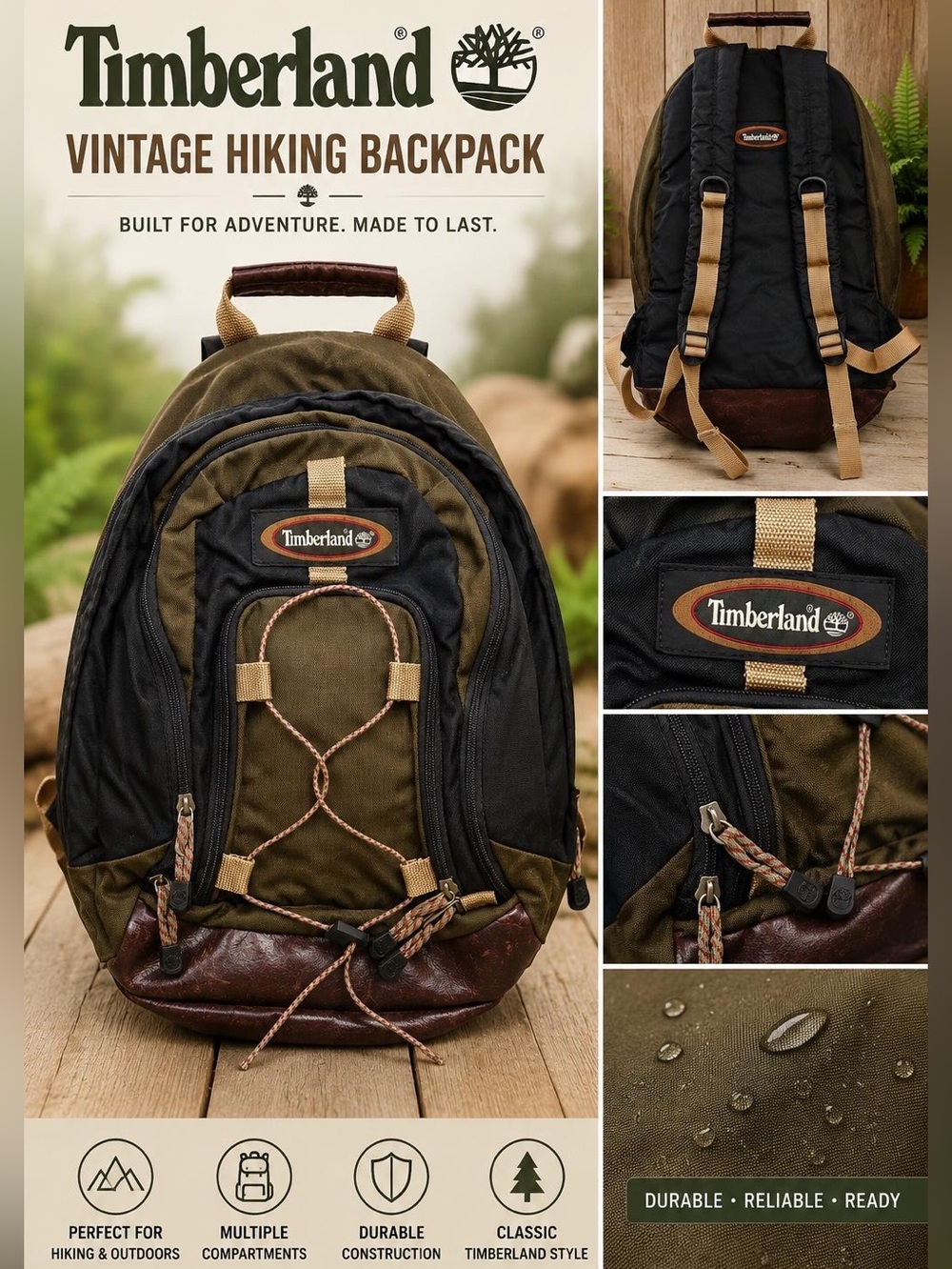 Timberland Vintage Hiking Backpack Brown Black Leather Trim Outdoor Daypack